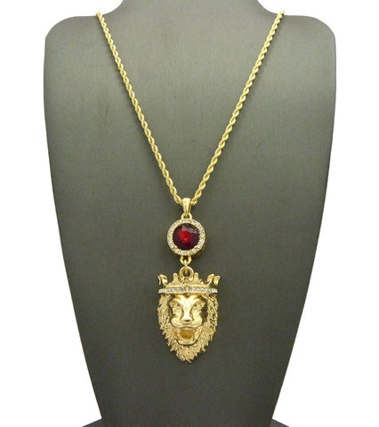 nyfashion101 Round Faux Ruby Stone & King Lion Pendant Set on 2mm 24" Rope Chain Necklace in Gold-Tone