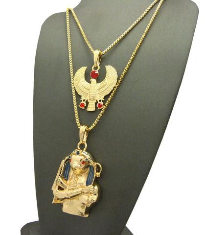Nyfashion101 Round Red Gemstone Horus Bird & Horus Holding Crook & Flail Pendant Set W/ Box Chains In Gold-Tone