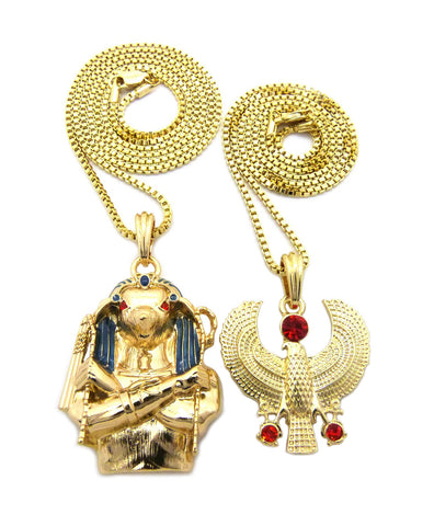 Nyfashion101 Round Red Gemstone Horus Bird & Horus Holding Crook & Flail Pendant Set W/ Box Chains In Gold-Tone