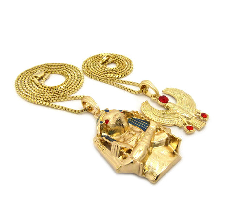 Nyfashion101 Round Red Gemstone Horus Bird & Horus Holding Crook & Flail Pendant Set W/ Box Chains In Gold-Tone