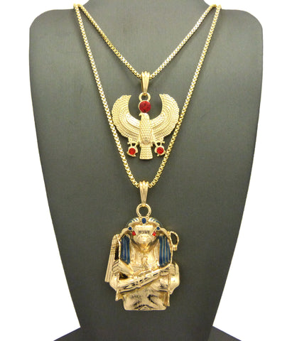 nyfashion101 Round Red Gemstone Horus Bird & Horus Holding Crook & Flail Pendant Set w/ Box Chains in Gold-Tone
