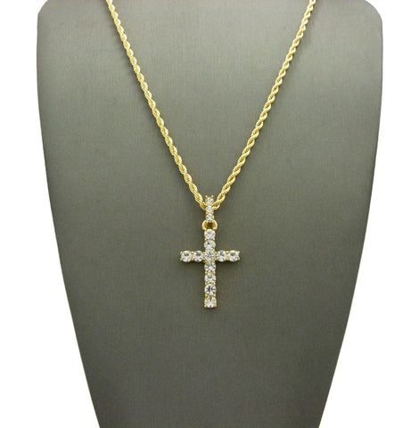 Nyfashion101 Round Stone Stud Single Row Cross Pendant Chain Necklace Gold-Tone
