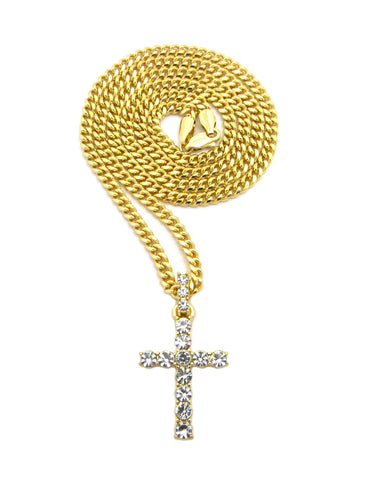 Nyfashion101 Round Stone Stud Single Row Cross Pendant Chain Necklace Gold-Tone