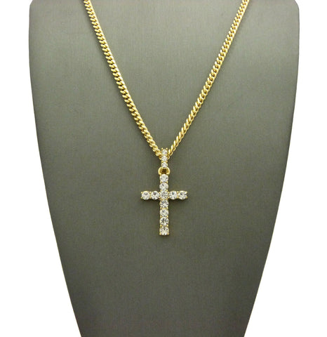 Nyfashion101 Round Stone Stud Single Row Cross Pendant Chain Necklace Gold-Tone