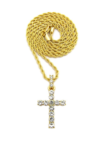 nyfashion101 Round Stone Stud Single Row Cross Pendant Chain Necklace Gold-Tone