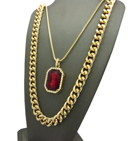 Nyfashion101 Ruby Red Gemstone Pendant With 2mm 24" Box Chain And 10mm 30" Cuban Chain Necklace In Gold-Tone