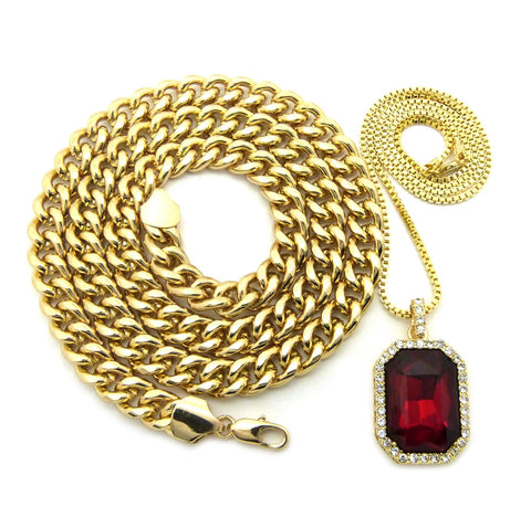 Nyfashion101 Ruby Red Gemstone Pendant With 2mm 24" Box Chain And 10mm 30" Cuban Chain Necklace In Gold-Tone