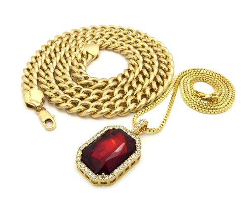 Nyfashion101 Ruby Red Gemstone Pendant With 2mm 24" Box Chain And 10mm 30" Cuban Chain Necklace In Gold-Tone