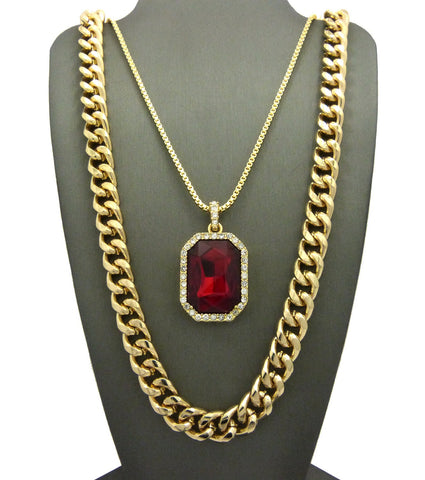 nyfashion101 Ruby Red Gemstone Pendant with 2mm 24" Box Chain and 10mm 30" Cuban Chain Necklace in Gold-Tone