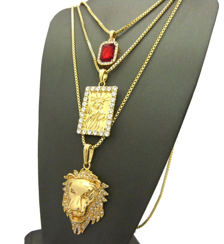 Nyfashion101 Ruby Red Gemstone Statue Of Liberty & Noble Lion Head Pendant Set W/ Box Chains In Gold-Tone