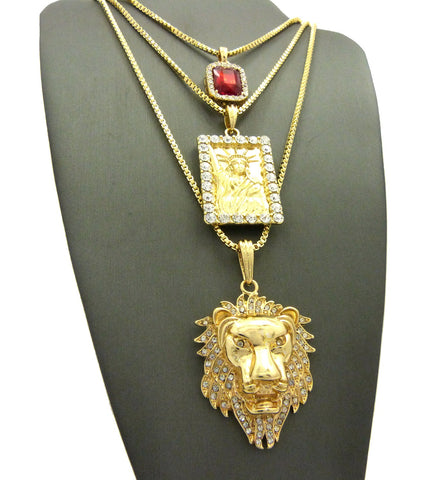 Nyfashion101 Ruby Red Gemstone Statue Of Liberty & Noble Lion Head Pendant Set W/ Box Chains In Gold-Tone