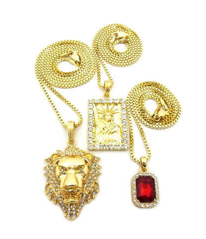 Nyfashion101 Ruby Red Gemstone Statue Of Liberty & Noble Lion Head Pendant Set W/ Box Chains In Gold-Tone