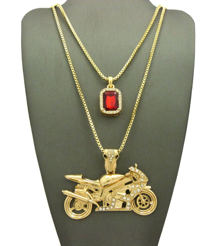 Nyfashion101 Ruby Red Gemstone & Stone Stud Motorcycle Pendant Set W/ 2mm 24" & 30" Box Chains In Gold-Tone