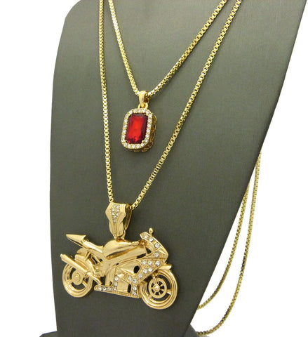 Nyfashion101 Ruby Red Gemstone & Stone Stud Motorcycle Pendant Set W/ 2mm 24" & 30" Box Chains In Gold-Tone