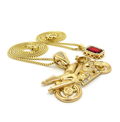 Nyfashion101 Ruby Red Gemstone & Stone Stud Motorcycle Pendant Set W/ 2mm 24" & 30" Box Chains In Gold-Tone