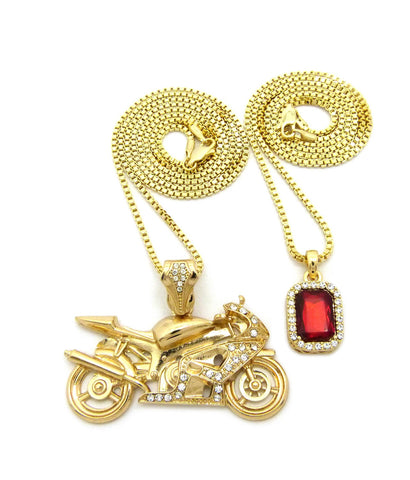 nyfashion101 Ruby Red Gemstone & Stone Stud Motorcycle Pendant Set w/ 2mm 24" & 30" Box Chains in Gold-Tone