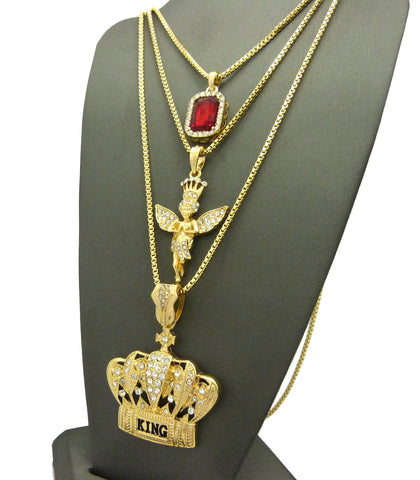 Nyfashion101 Ruby Red Stone Crowned Angel & King Crown Pendant Set W/ Box Chain Necklaces In Gold-Tone