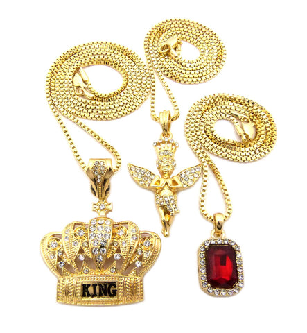 Nyfashion101 Ruby Red Stone Crowned Angel & King Crown Pendant Set W/ Box Chain Necklaces In Gold-Tone