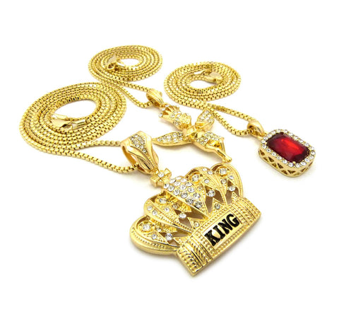 Nyfashion101 Ruby Red Stone Crowned Angel & King Crown Pendant Set W/ Box Chain Necklaces In Gold-Tone