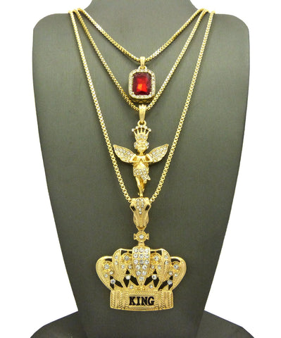 nyfashion101 Ruby Red Stone Crowned Angel & King Crown Pendant Set w/ Box Chain Necklaces in Gold-Tone
