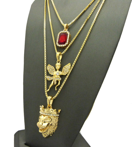 Nyfashion101 Ruby Red Stone Floating Angel & King Lion Pendant Set W/ Box Chain Necklaces In Gold-Tone