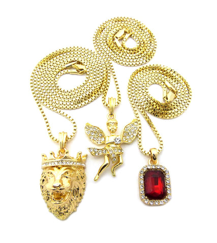 Nyfashion101 Ruby Red Stone Floating Angel & King Lion Pendant Set W/ Box Chain Necklaces In Gold-Tone