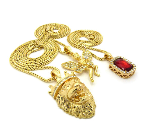 Nyfashion101 Ruby Red Stone Floating Angel & King Lion Pendant Set W/ Box Chain Necklaces In Gold-Tone