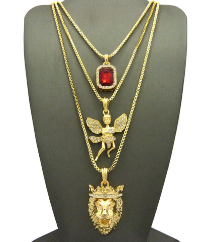 nyfashion101 Ruby Red Stone Floating Angel & King Lion Pendant Set w/ Box Chain Necklaces in Gold-Tone