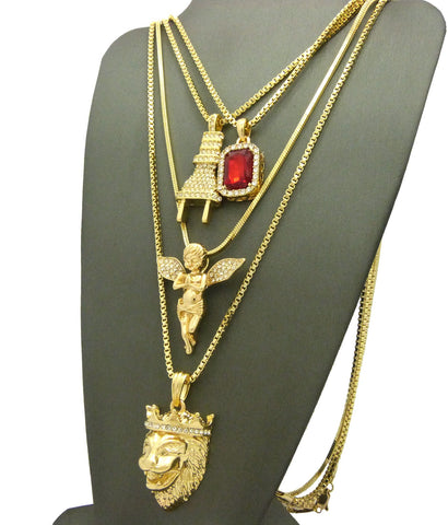 Nyfashion101 Ruby Red Stone Power Plug Extended Wing & King Lion Pendant Set W/ Chain Necklaces In Gold-Tone