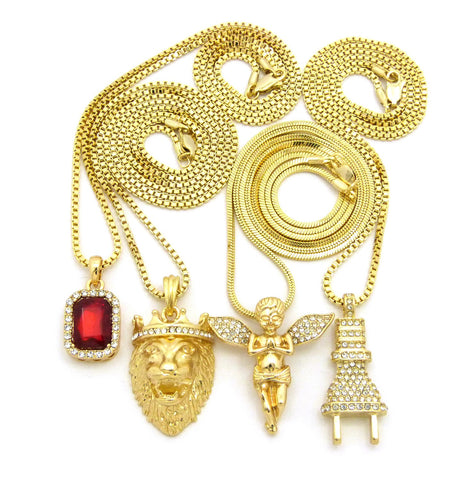 Nyfashion101 Ruby Red Stone Power Plug Extended Wing & King Lion Pendant Set W/ Chain Necklaces In Gold-Tone