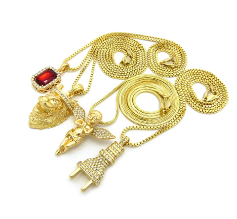 Nyfashion101 Ruby Red Stone Power Plug Extended Wing & King Lion Pendant Set W/ Chain Necklaces In Gold-Tone