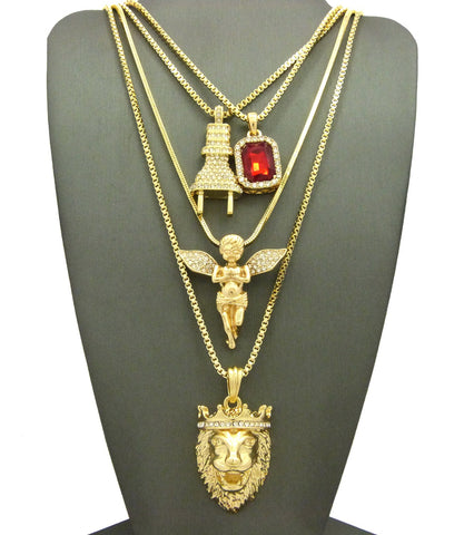 nyfashion101 Ruby Red Stone Power Plug Extended Wing & King Lion Pendant Set w/ Chain Necklaces in Gold-Tone