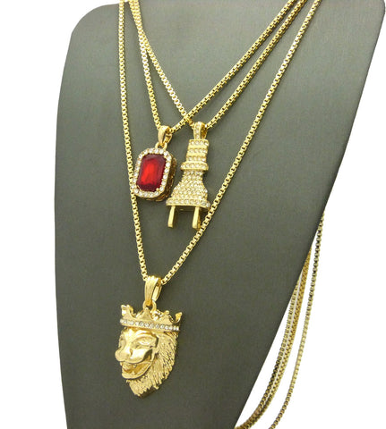 Nyfashion101 Ruby Red Stone Power Plug & King Lion Pendant Set W/ Box Chain Necklaces In Gold-Tone