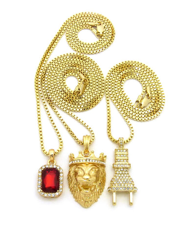 Nyfashion101 Ruby Red Stone Power Plug & King Lion Pendant Set W/ Box Chain Necklaces In Gold-Tone