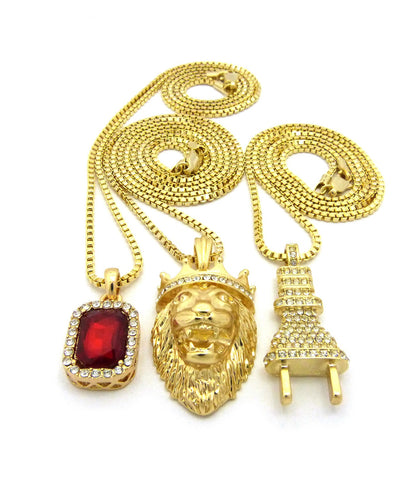 Nyfashion101 Ruby Red Stone Power Plug & King Lion Pendant Set W/ Box Chain Necklaces In Gold-Tone