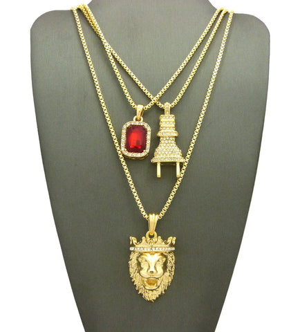 nyfashion101 Ruby Red Stone Power Plug & King Lion Pendant Set w/ Box Chain Necklaces in Gold-Tone