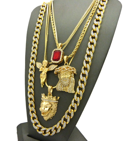 Nyfashion101 Ruby Red Stone Praying Angel King Lion Jesus Face Pendant W/ Gold Plated Cubic Zirconia Stone Chain