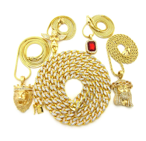 Nyfashion101 Ruby Red Stone Praying Angel King Lion Jesus Face Pendant W/ Gold Plated Cubic Zirconia Stone Chain