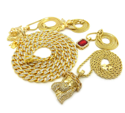 Nyfashion101 Ruby Red Stone Praying Angel King Lion Jesus Face Pendant W/ Gold Plated Cubic Zirconia Stone Chain