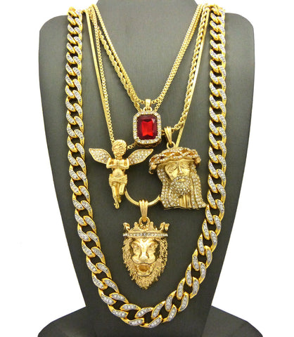 nyfashion101 Ruby Red Stone Praying Angel King Lion Jesus Face Pendant w/ Gold Plated Cubic Zirconia Stone Chain
