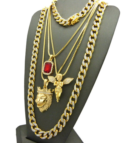 Nyfashion101 Ruby Red Stone Praying Angel King Lion Pendant W/ Gold Plated Cubic Zirconia Stone Chain & Bracelet Set