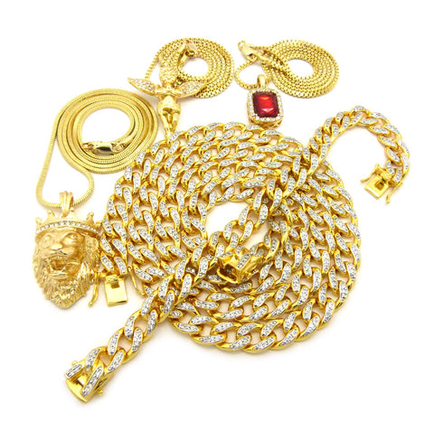 Nyfashion101 Ruby Red Stone Praying Angel King Lion Pendant W/ Gold Plated Cubic Zirconia Stone Chain & Bracelet Set
