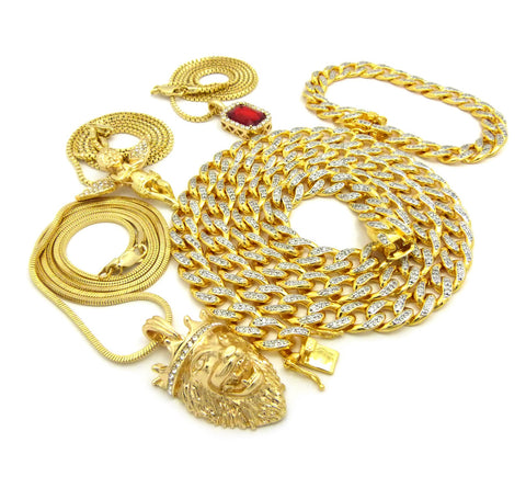 Nyfashion101 Ruby Red Stone Praying Angel King Lion Pendant W/ Gold Plated Cubic Zirconia Stone Chain & Bracelet Set