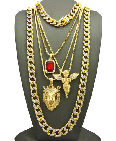 nyfashion101 Ruby Red Stone Praying Angel King Lion Pendant w/ Gold Plated Cubic Zirconia Stone Chain & Bracelet Set