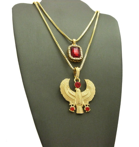 Nyfashion101 Ruby Red Stone & Ruby Red Round Gemstone Horus Falcon Pendant Set W/ Box Chains In Gold-Tone