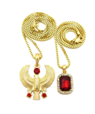 Nyfashion101 Ruby Red Stone & Ruby Red Round Gemstone Horus Falcon Pendant Set W/ Box Chains In Gold-Tone