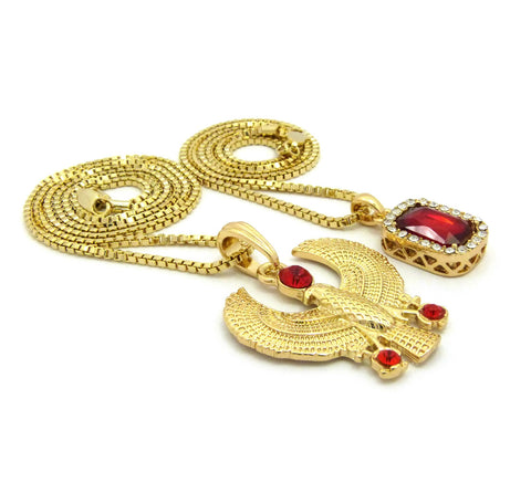 Nyfashion101 Ruby Red Stone & Ruby Red Round Gemstone Horus Falcon Pendant Set W/ Box Chains In Gold-Tone