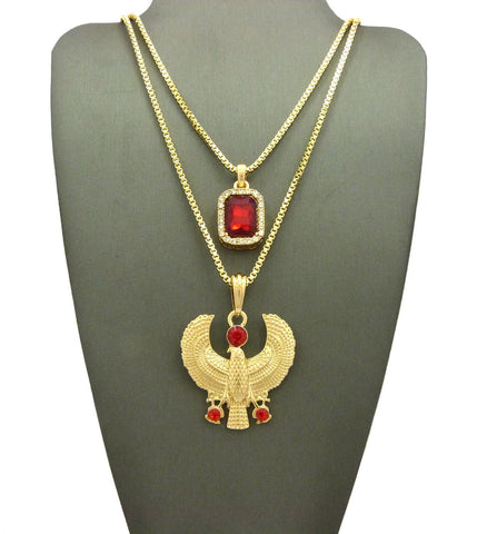 nyfashion101 Ruby Red Stone & Ruby Red Round Gemstone Horus Falcon Pendant Set w/ Box Chains in Gold-Tone