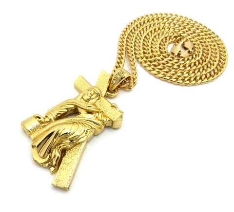 Nyfashion101 Rugged Cross Jesus Falling On His Way To Calvary Pendant W/6mm 36" Cuban Chain Necklace