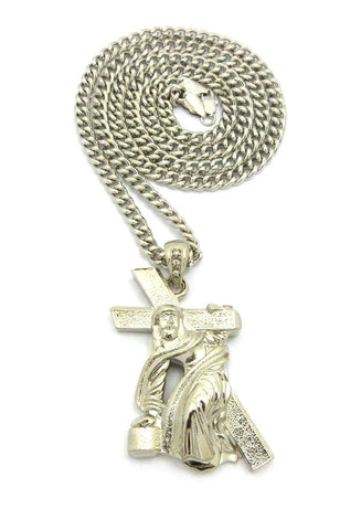 Nyfashion101 Rugged Cross Jesus Falling On His Way To Calvary Pendant W/6mm 36" Cuban Chain Necklace